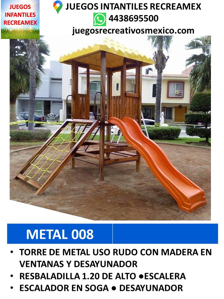 modulo de metal para uso rudo con madera, escalera en soga y resbladilla